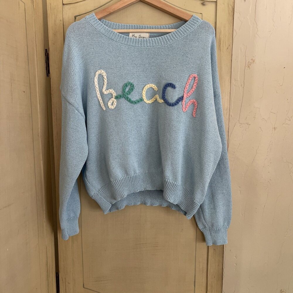 May Design Beach Sweater Light Blue Women’s Medium Beachy, Coastal, Vacation